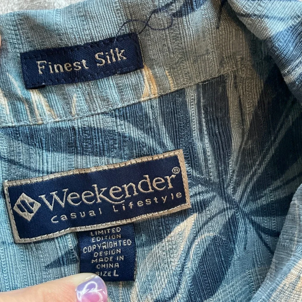 Weekender Silk Blend Tropical Palm Shirt‎ Mens Large Blue Short Sleeve